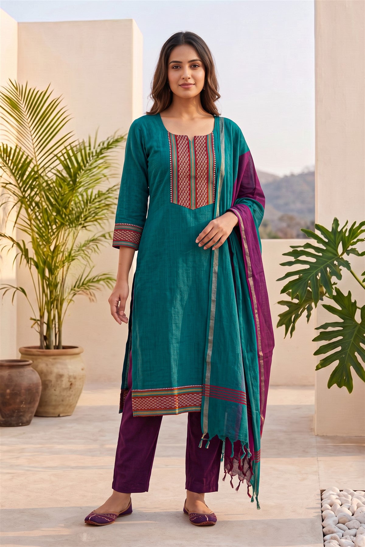 Cotton Embroidered Rama Kurti Set With Dupatta