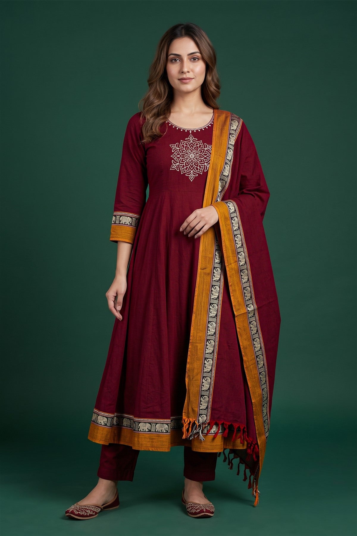 Cotton Embroidered Maroon Kurti Set With Dupatta