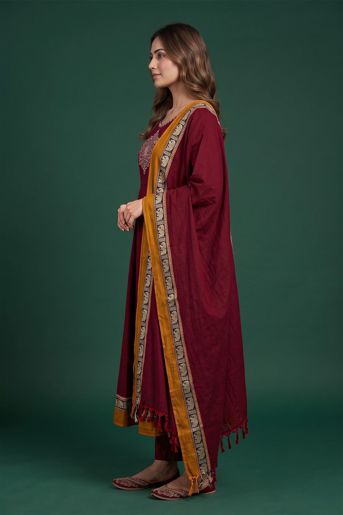 Cotton Embroidered Maroon Kurti Set With Dupatta