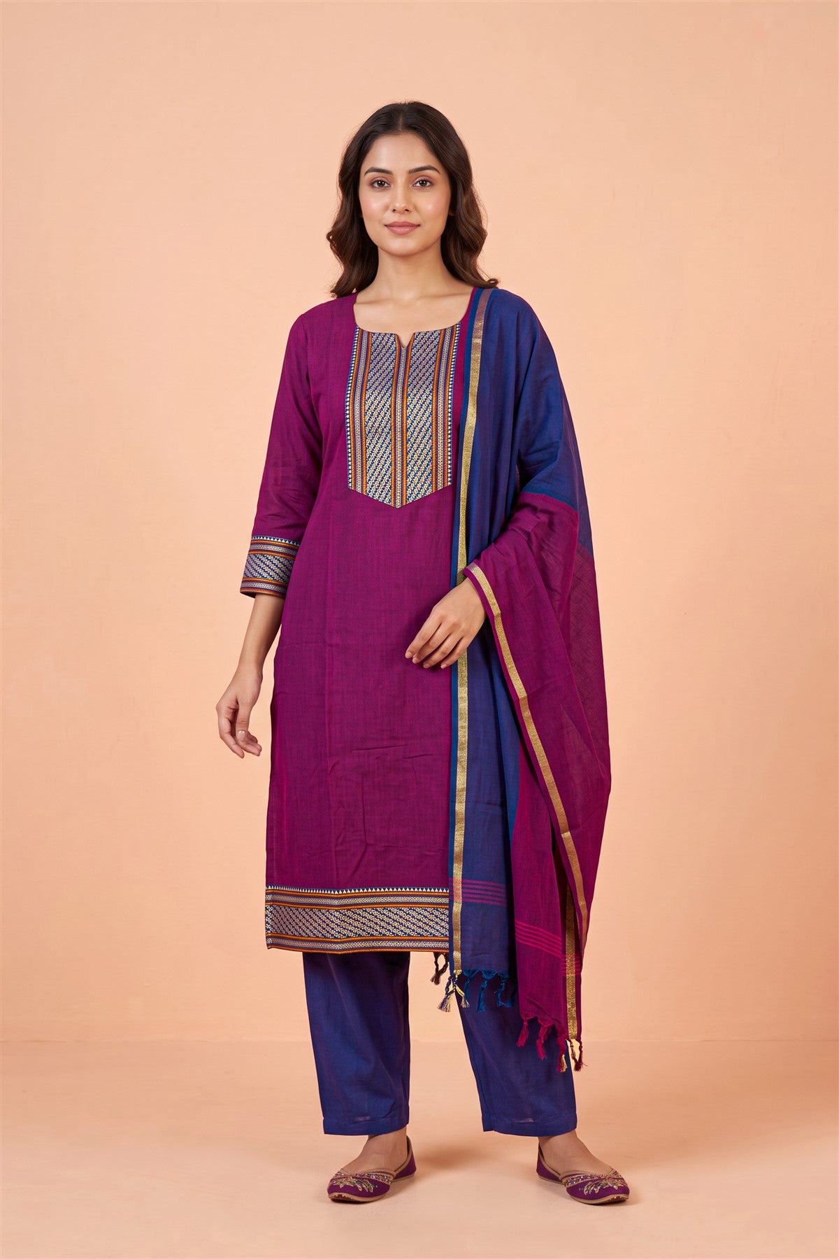 Cotton Solid Rani Pink Kurti Set With Dupatta