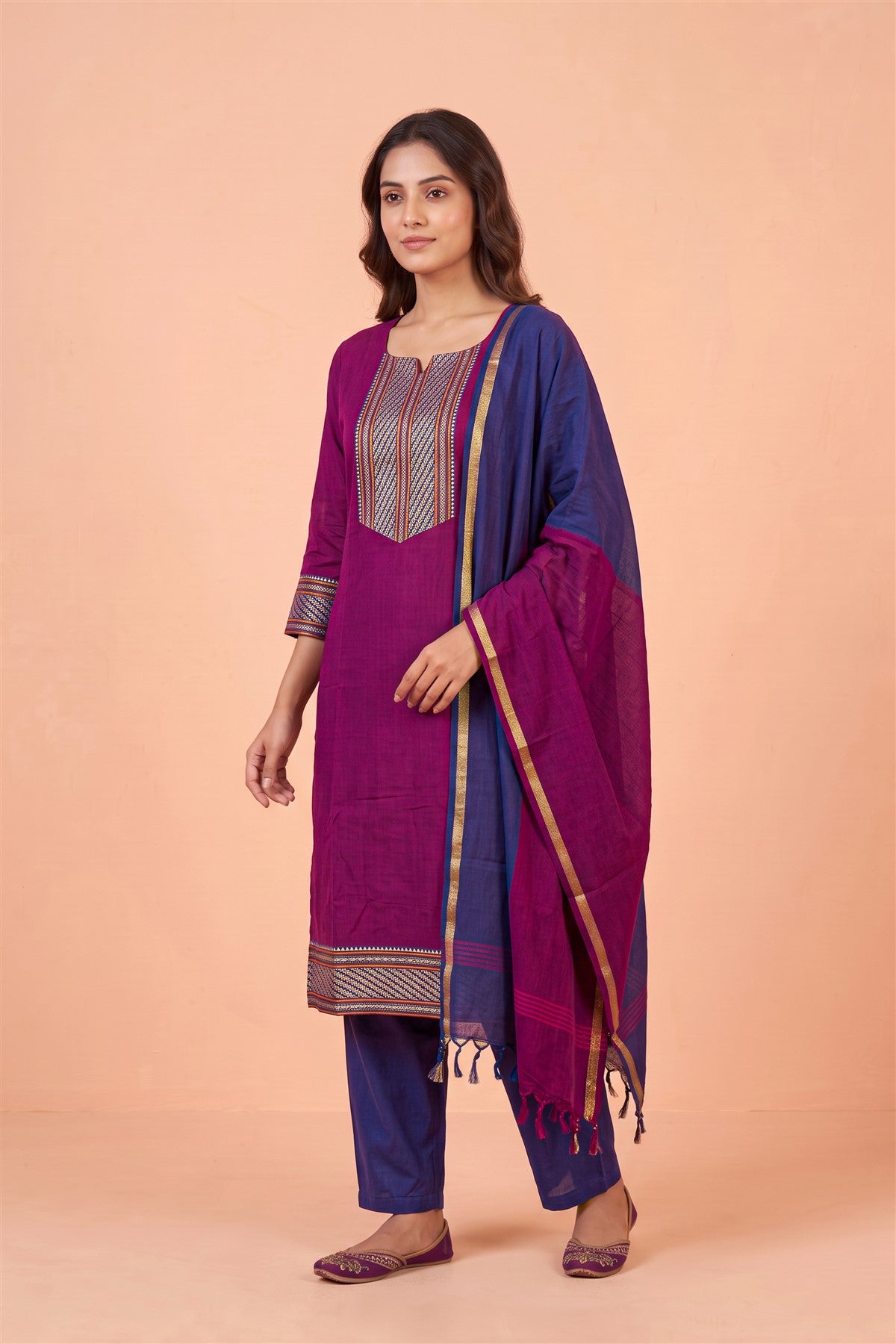 Cotton Solid Rani Pink Kurti Set With Dupatta