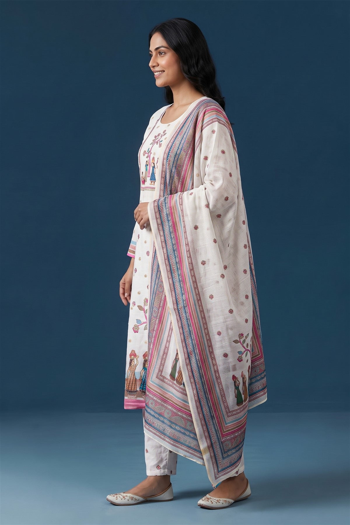 Kota Doria Silk Embroidered Cream Kurti Set With Dupatta
