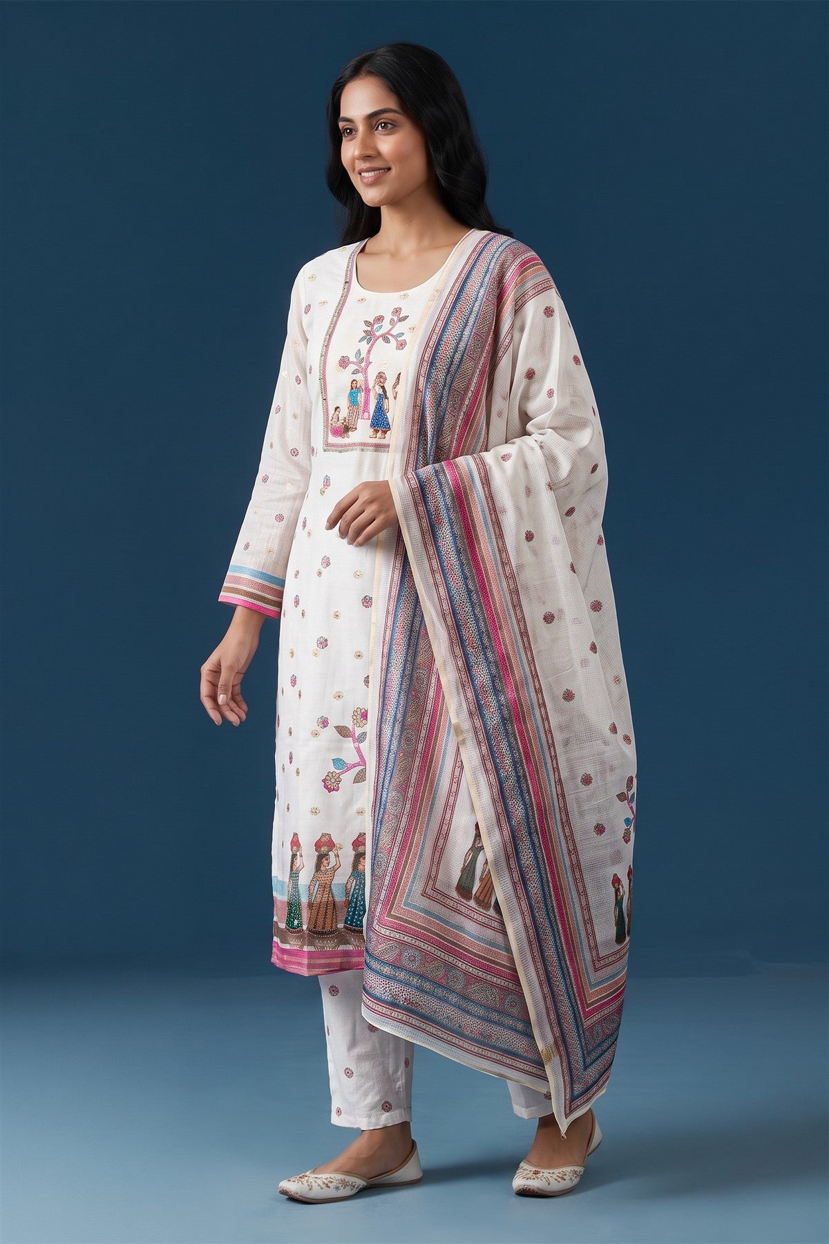 Kota Doria Silk Embroidered Cream Kurti Set With Dupatta