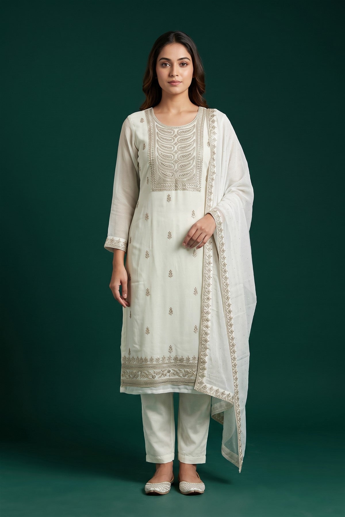 Tissue Embroidered Cream Kurti Set With Dupatta