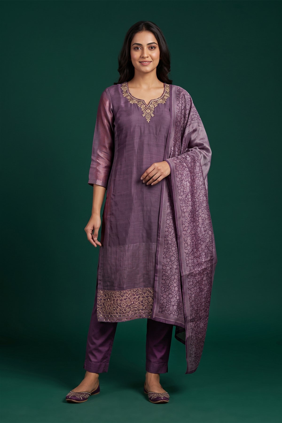 Jacquard Embroidered Lavender Kurti Set With Dupatta