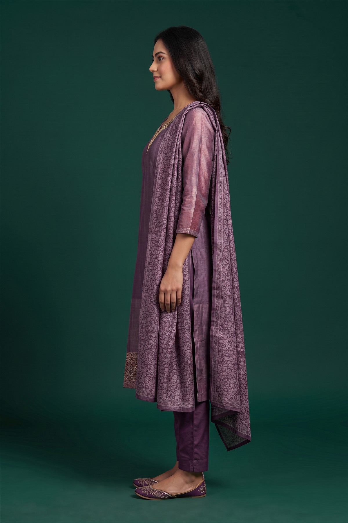Jacquard Embroidered Lavender Kurti Set With Dupatta