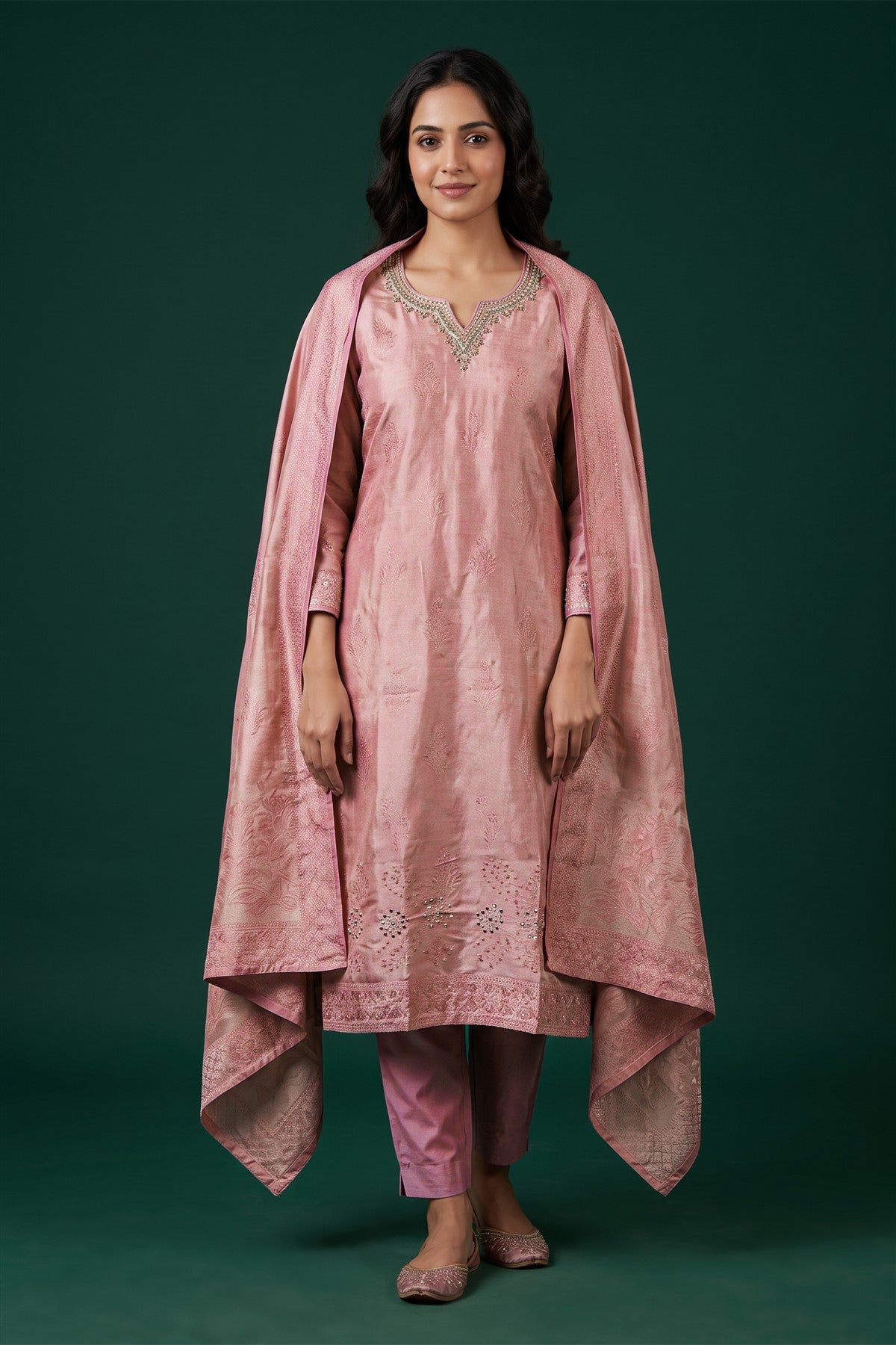 Jacquard Embroidered Peach Kurti Set With Dupatta