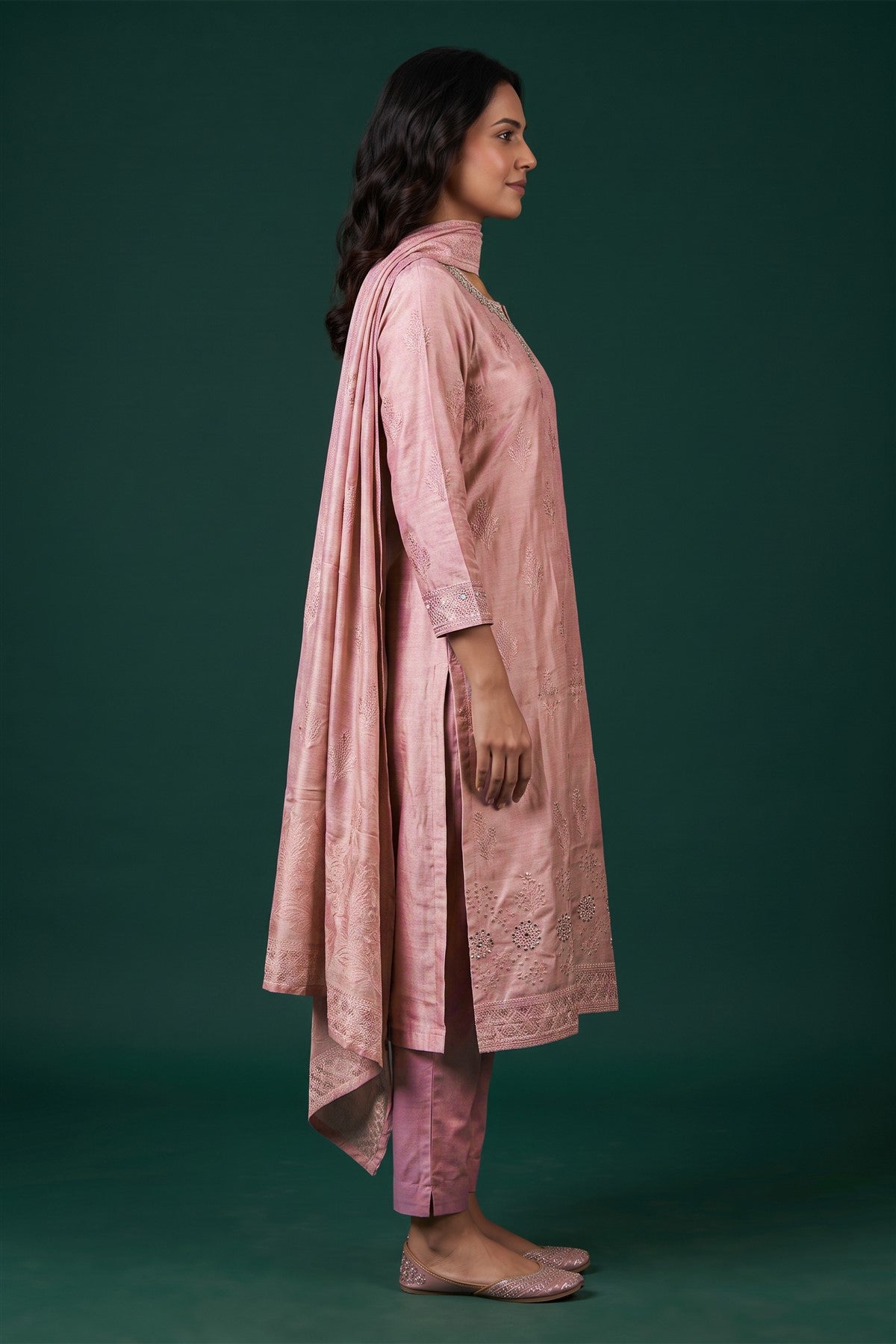 Jacquard Embroidered Peach Kurti Set With Dupatta