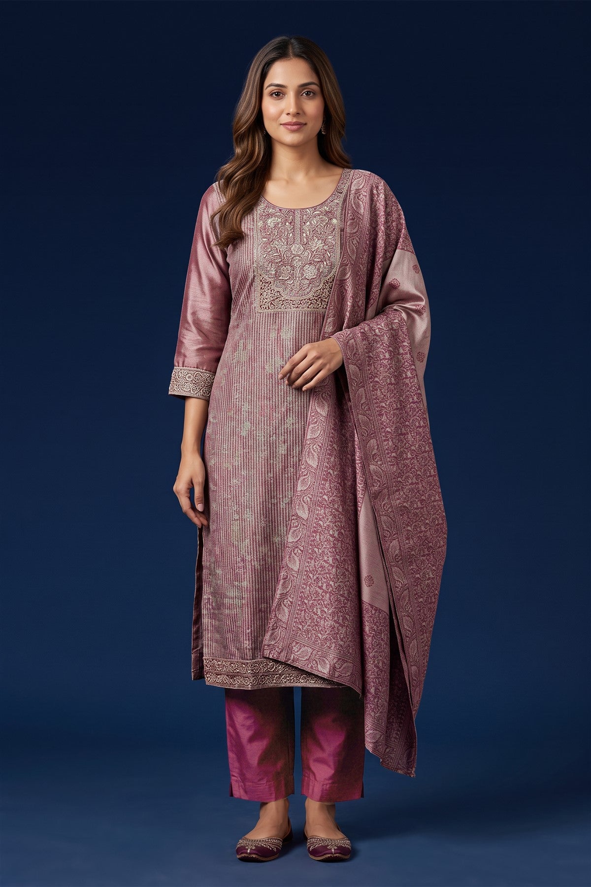 Jacquard Embroidered Maroon Kurti Set With Dupatta