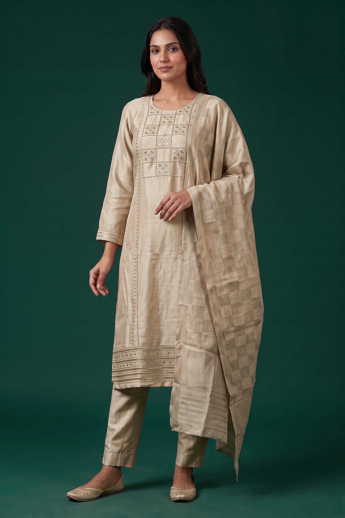 Jacquard Embroidered Gold Kurti Set With Dupatta