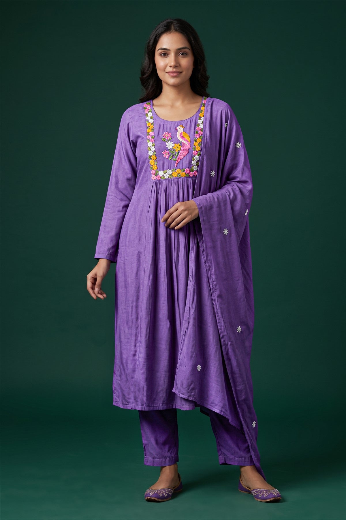 Chanderi Silk Embroidered Lavender Kurti Set With Dupatta