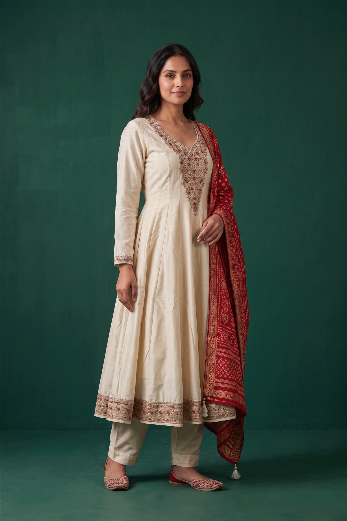 Chanderi Silk Embroidered Cream Kurti Set With Dupatta