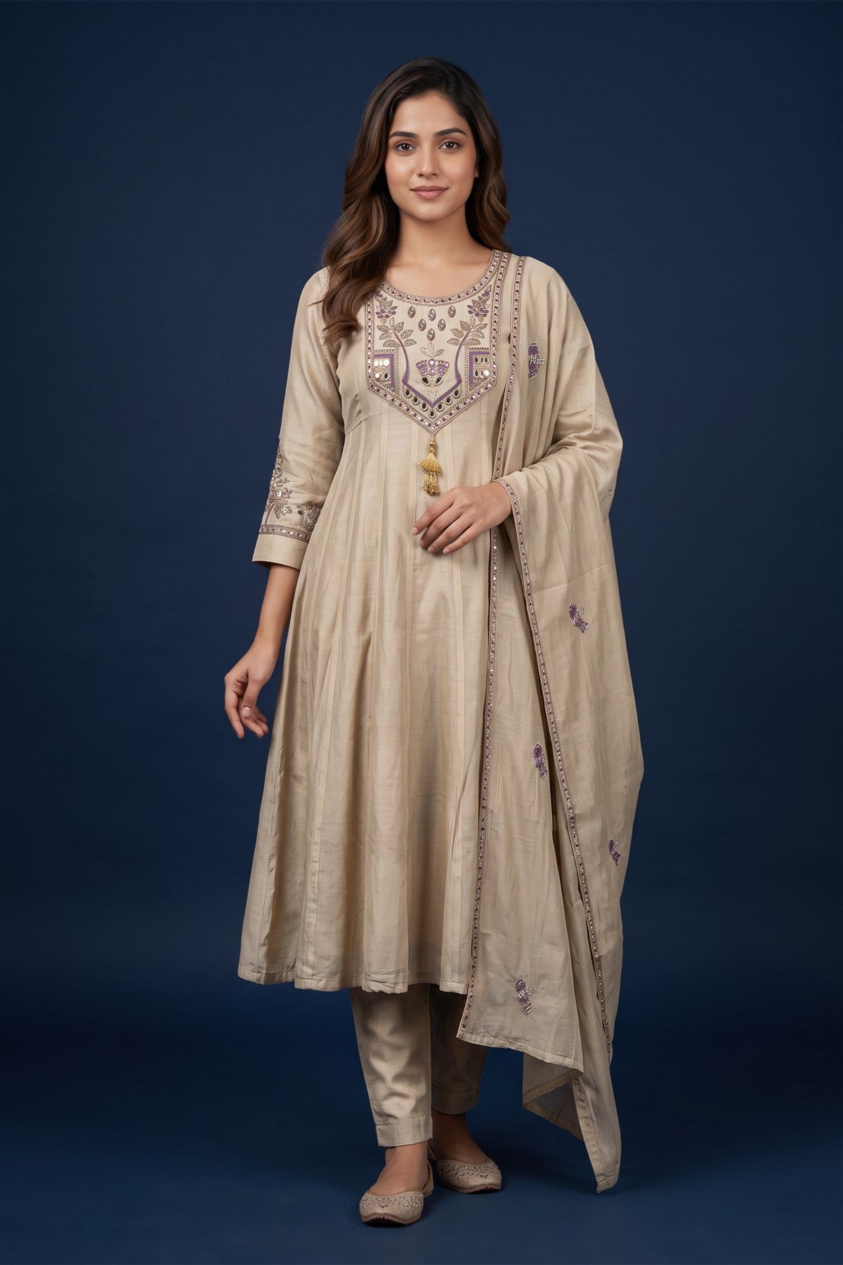 Chanderi Silk Embroidered Beige Kurti Set With Dupatta