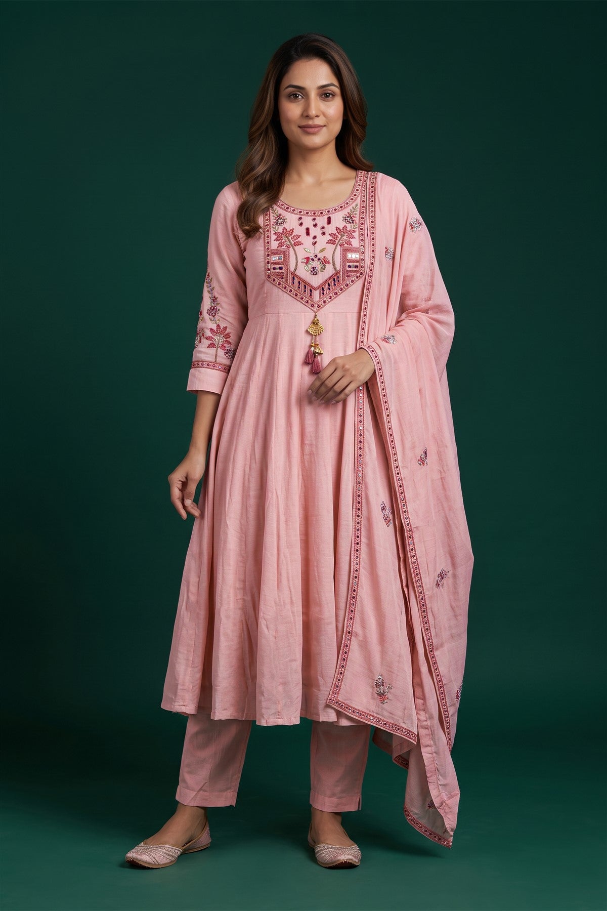 Chanderi Silk Embroidered Pink Kurti Set With Dupatta