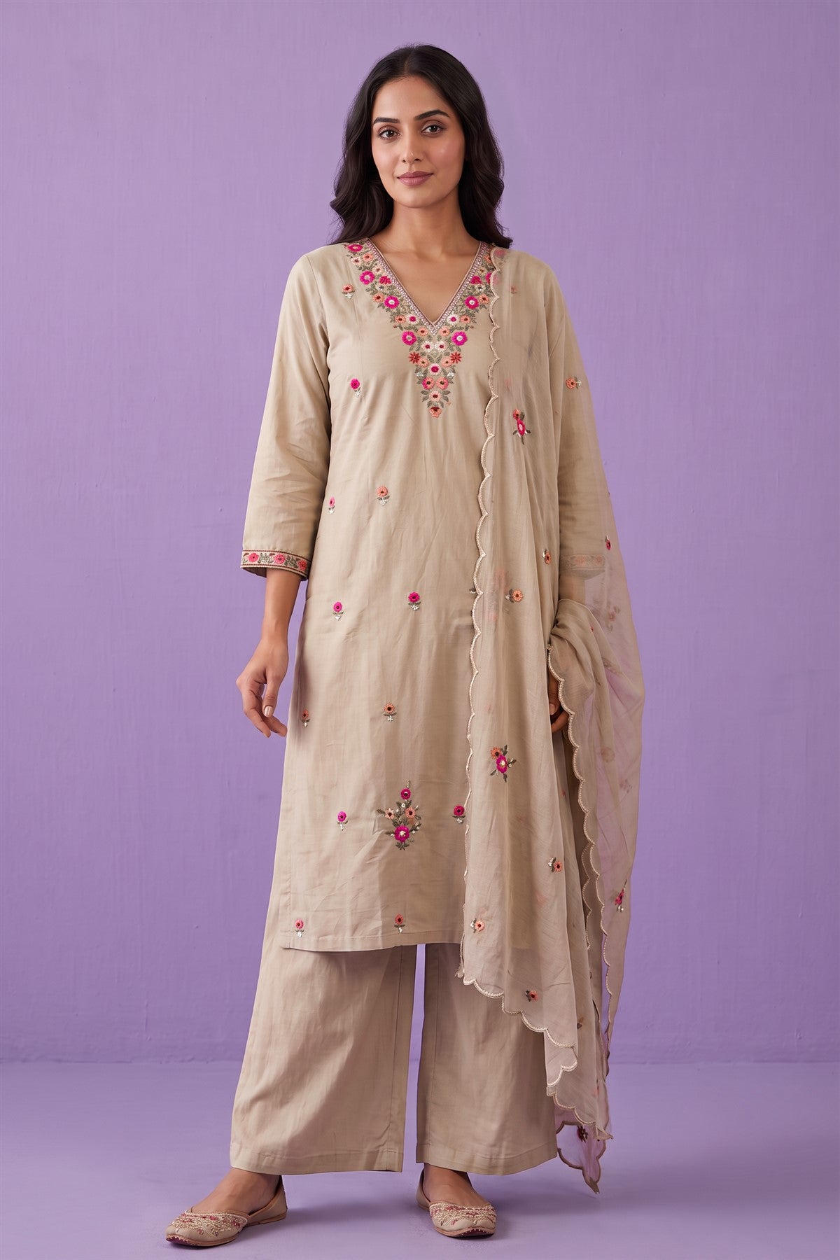 Cotton Embroidery Beige Kurti Set With Dupatta