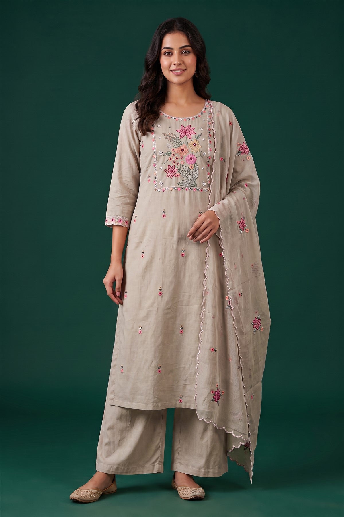 Cotton Embroidery Beige Kurti Set With Dupatta