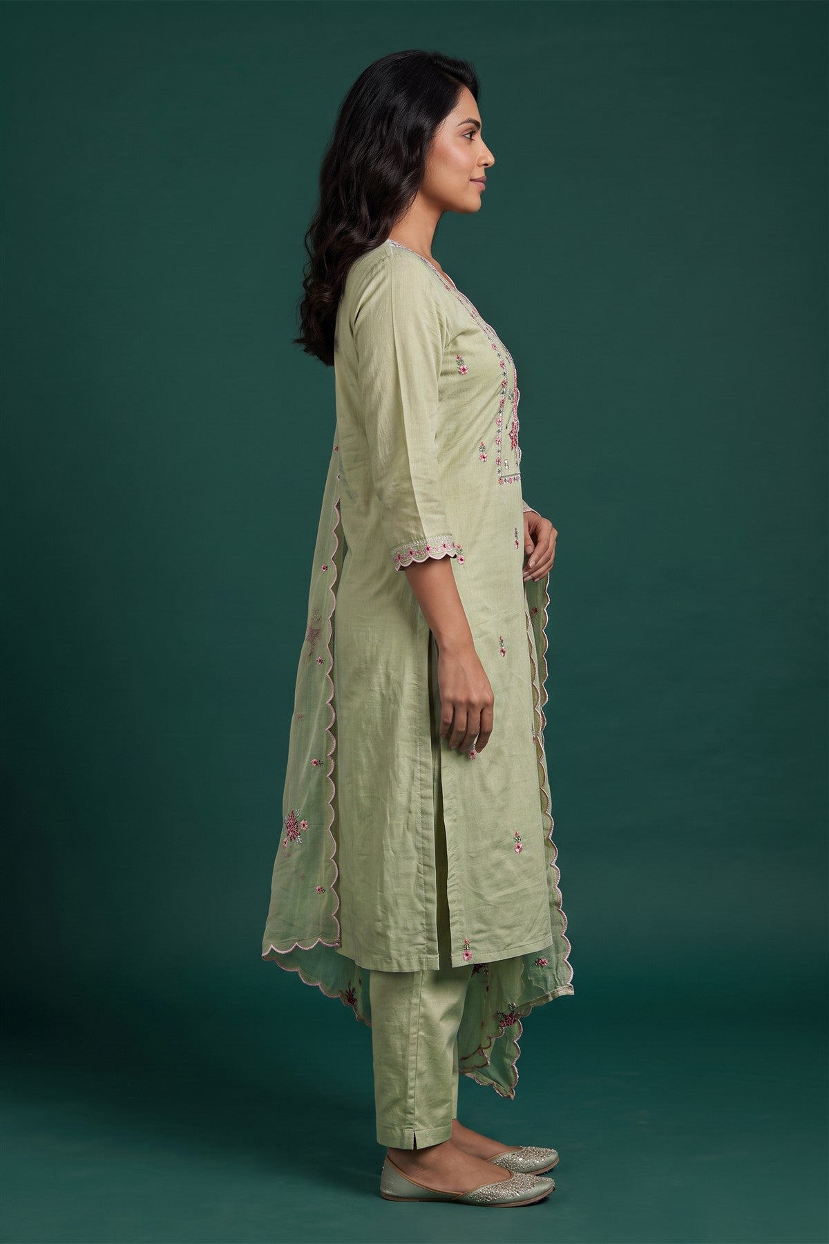 Cotton Embroidered Pista Kurti Set With Dupatta