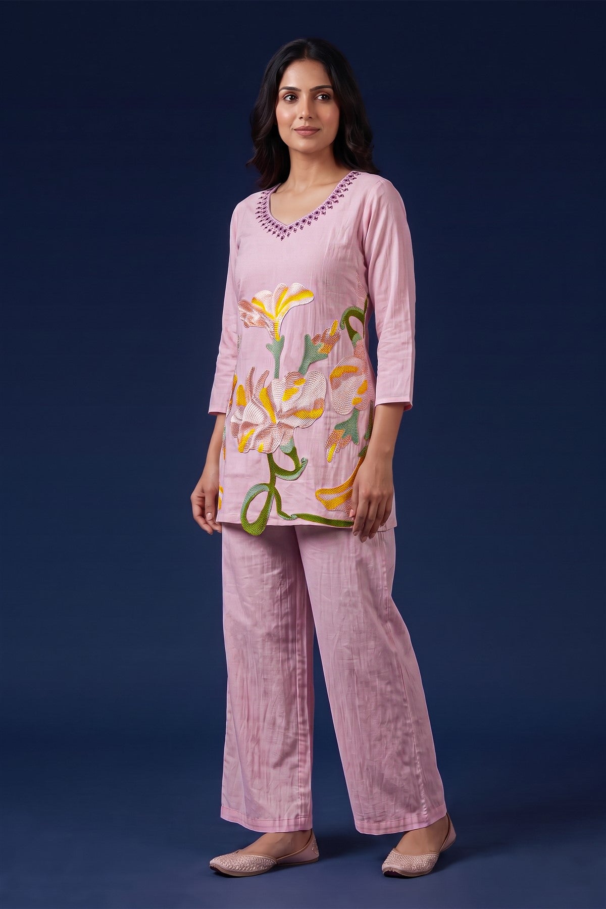 Tissue Silk Embroidered Peach Co-Ord Set