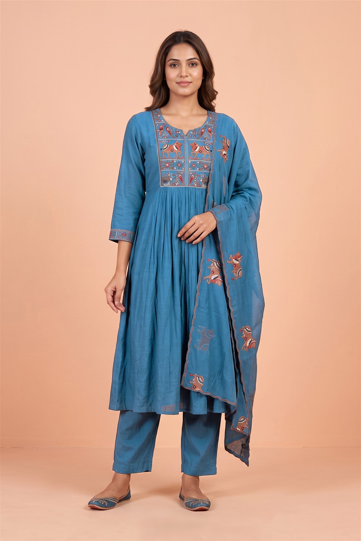Chanderi Embroidered Blue Kurti Set With Dupatta