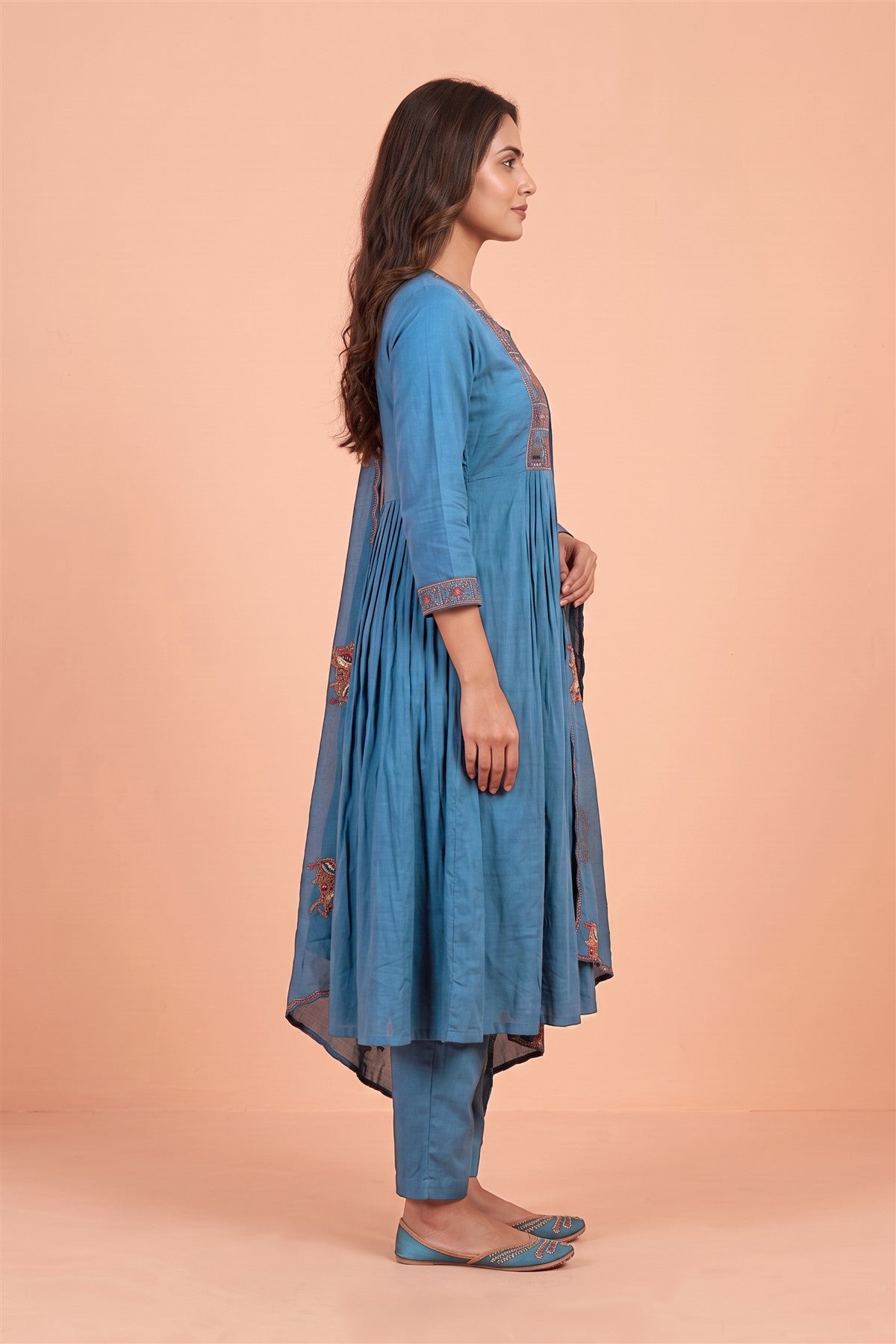 Chanderi Embroidered Blue Kurti Set With Dupatta