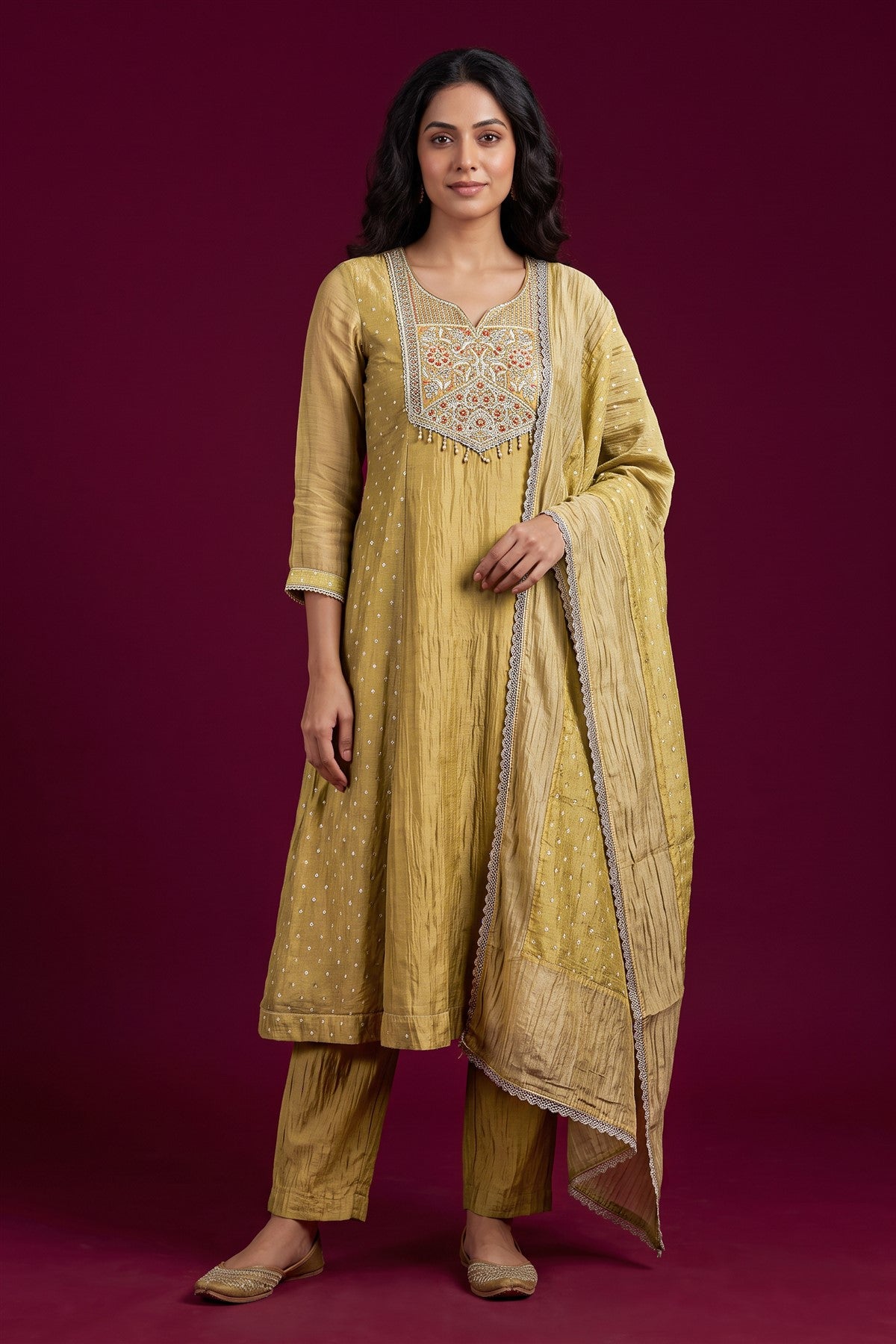Crush Embroidered Pista Green Kurti Set With Dupatta