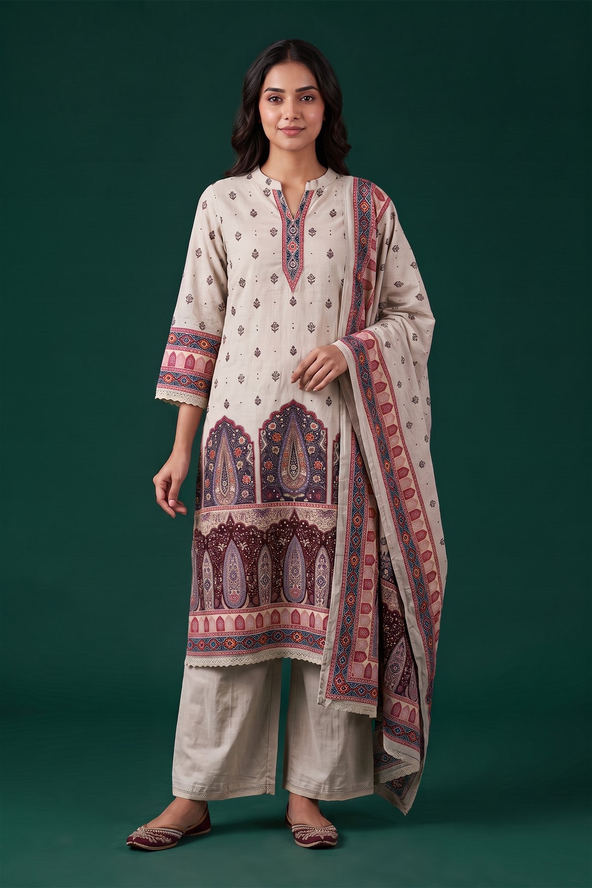Mul Chanderi Printed And Embroidered Cream Kurti Set With Dupatta