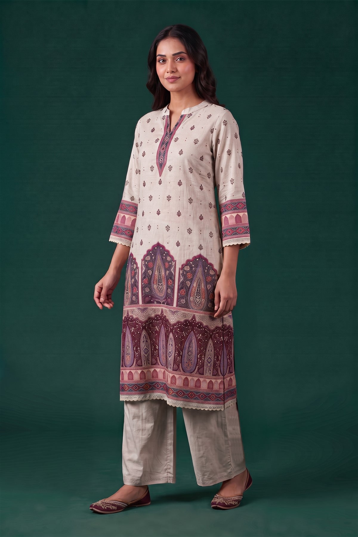 Mul Chanderi Printed And Embroidered Cream Kurti Set With Dupatta
