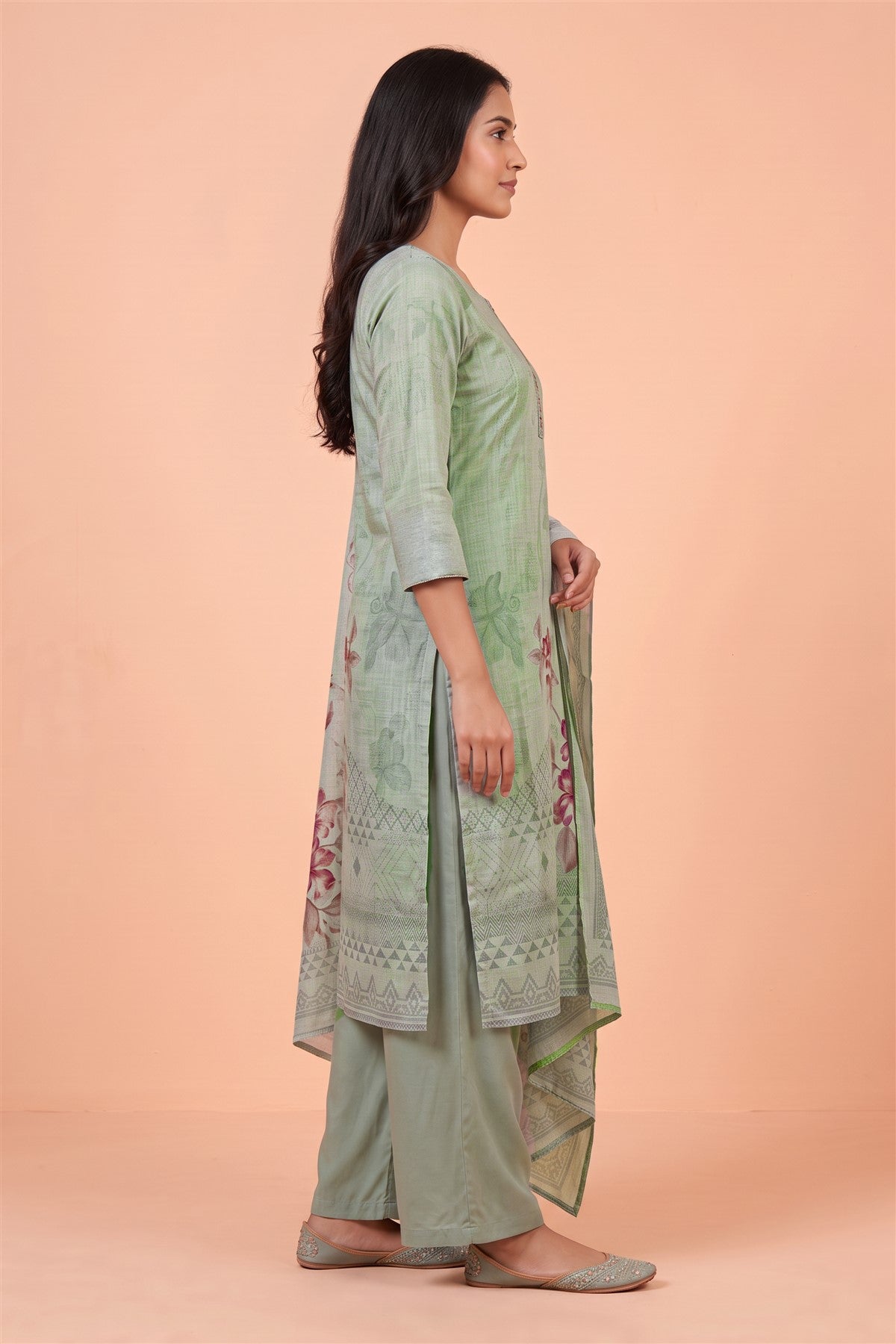 Kota Doria Cotton Printed Sea Green Kurti Set With Dupatta