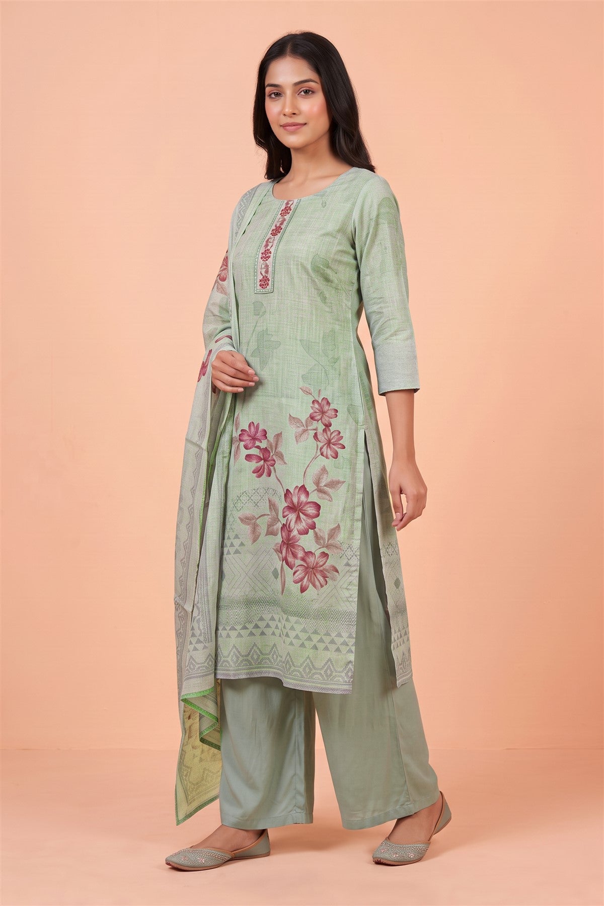 Kota Doria Cotton Printed Sea Green Kurti Set With Dupatta
