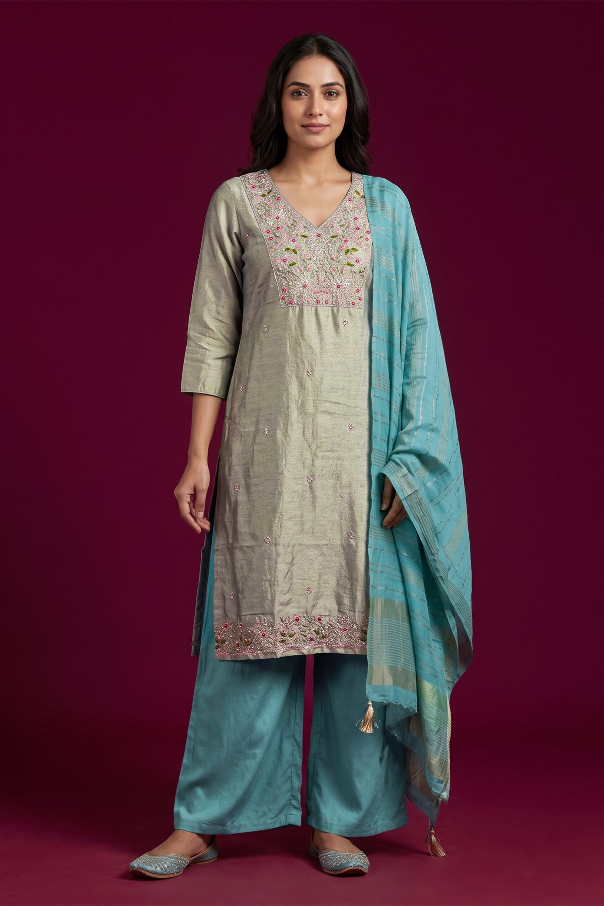 Mul Chanderi Embroidered Sky Blue Kurti Set With Dupatta