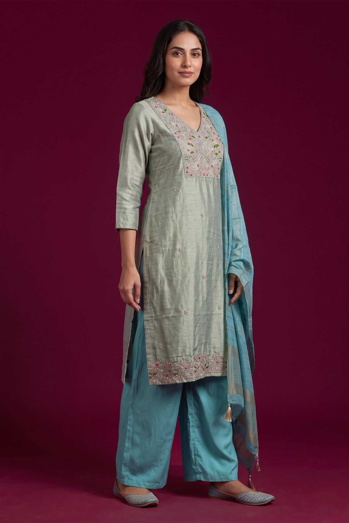 Mul Chanderi Embroidered Sky Blue Kurti Set With Dupatta