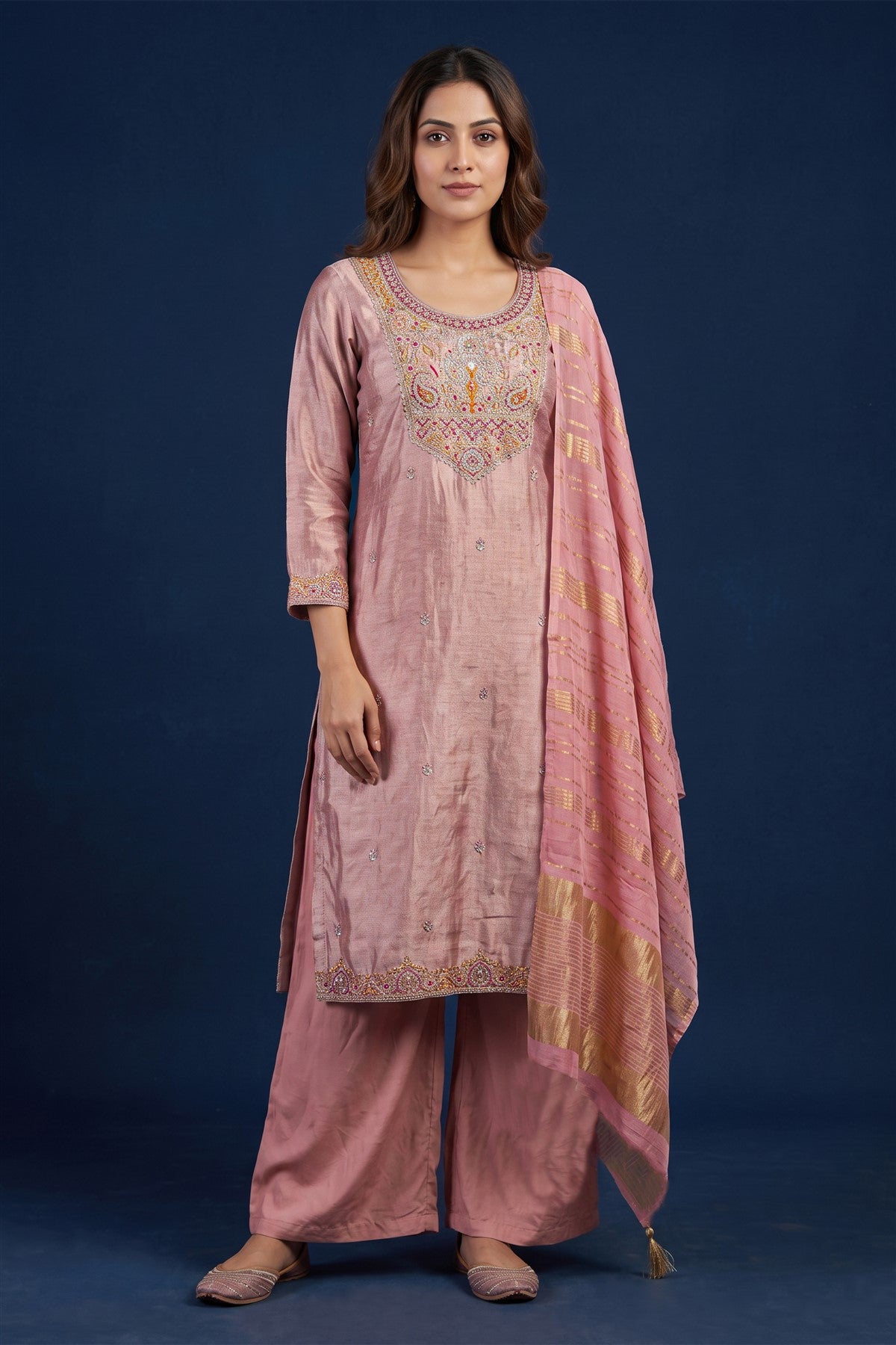 Jacquard Embroidered Dusty Pink Kurti Set With Dupatta