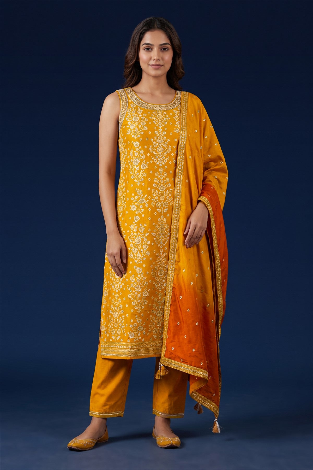 Chanderi Embroidered Mustard Kurti Set With Dupatta