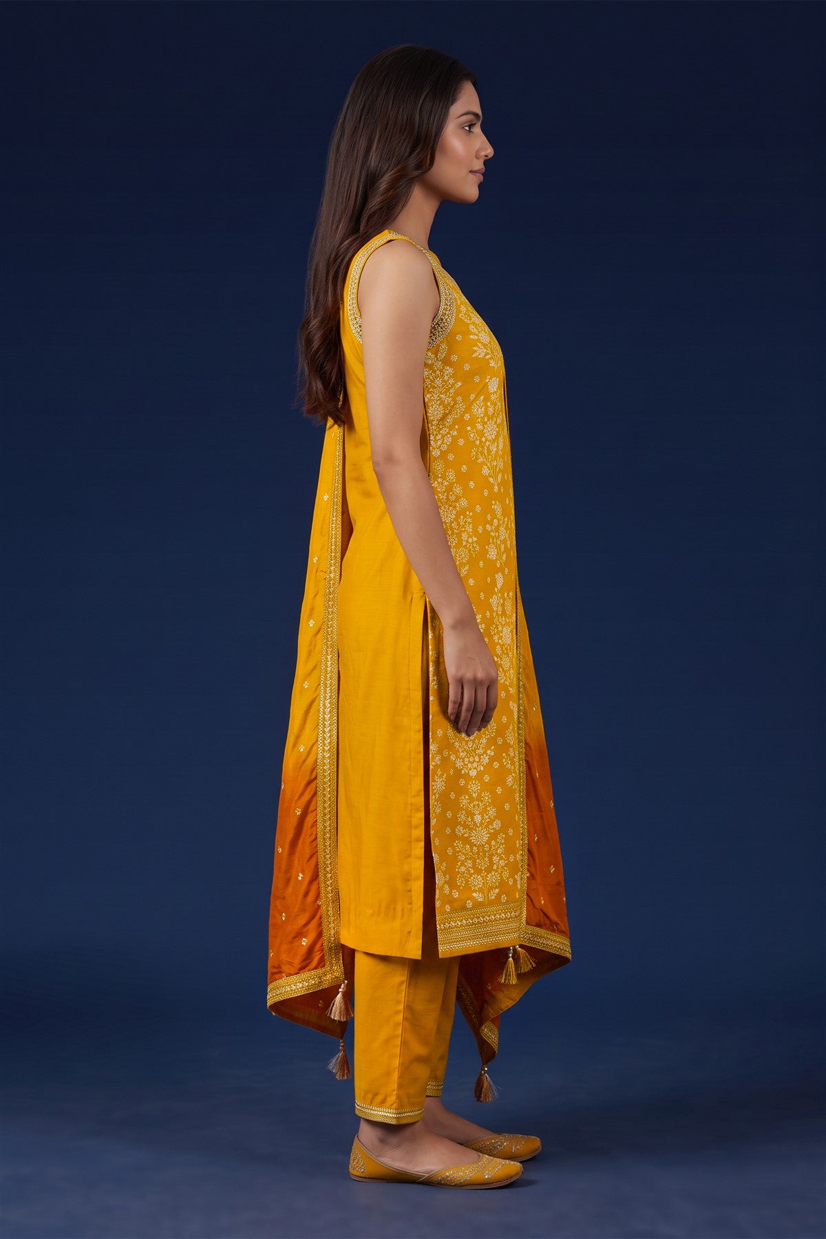 Chanderi Embroidered Mustard Kurti Set With Dupatta