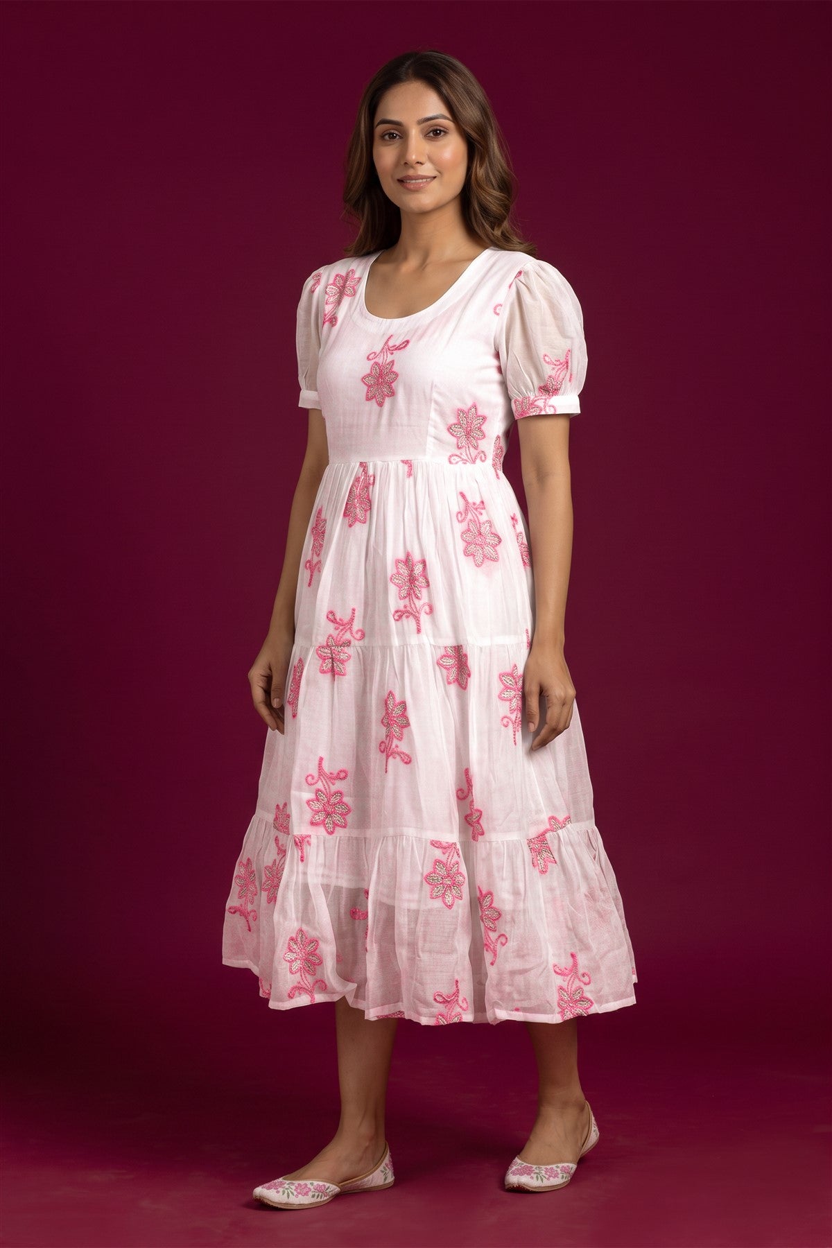 Chanderi Silk Embroidered White Kurti