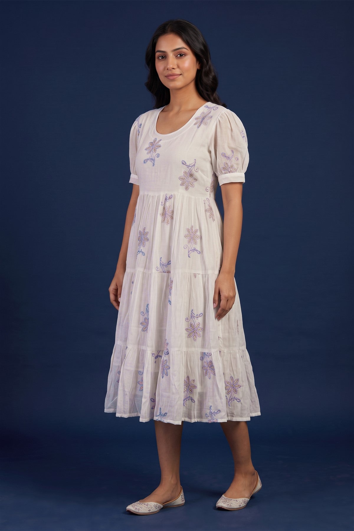 Chanderi Silk Embroidered White Kurti