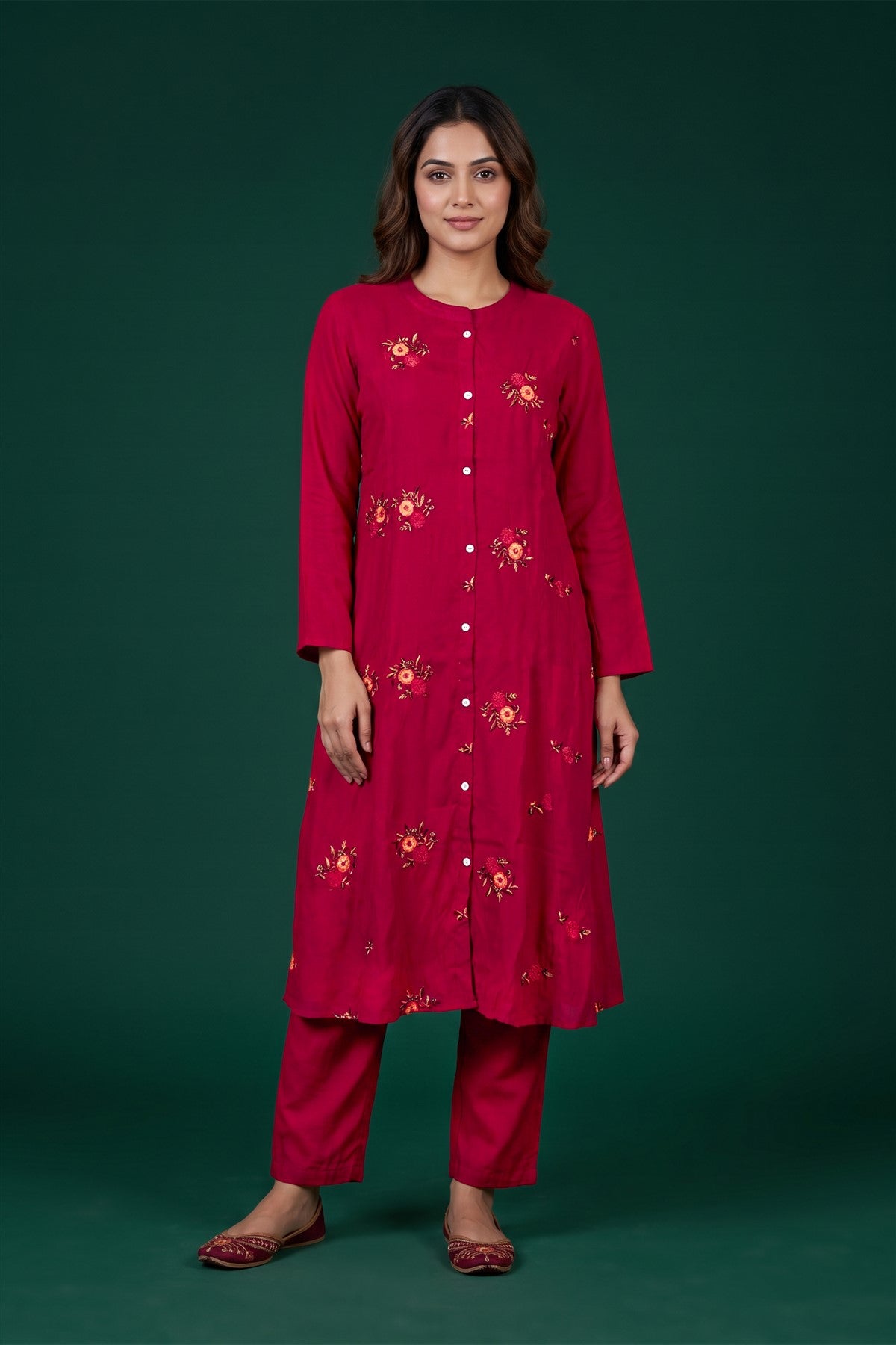 Chanderi Silk Embroidered Rani Pink Kurti Set