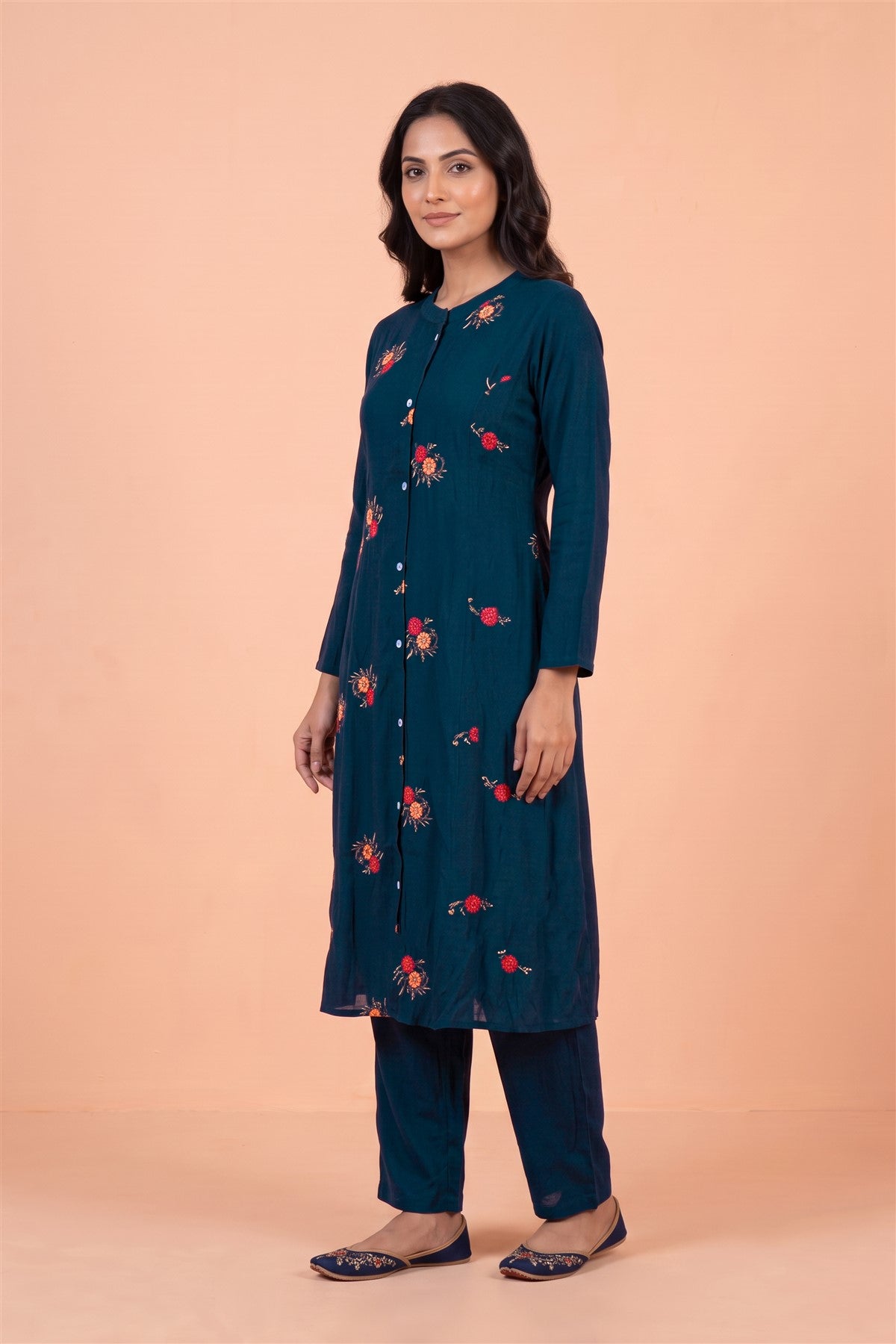Chanderi Silk Embroidered Navy Kurti Set