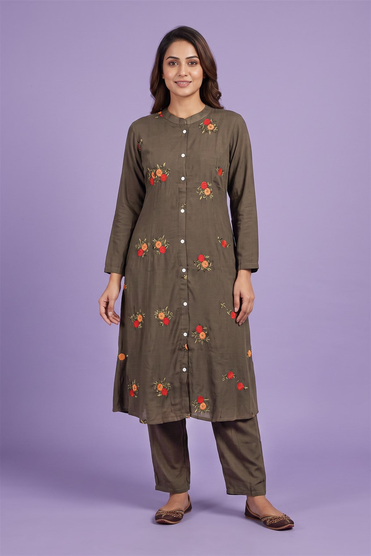 Chanderi Silk Embroidered Brown Kurti Set