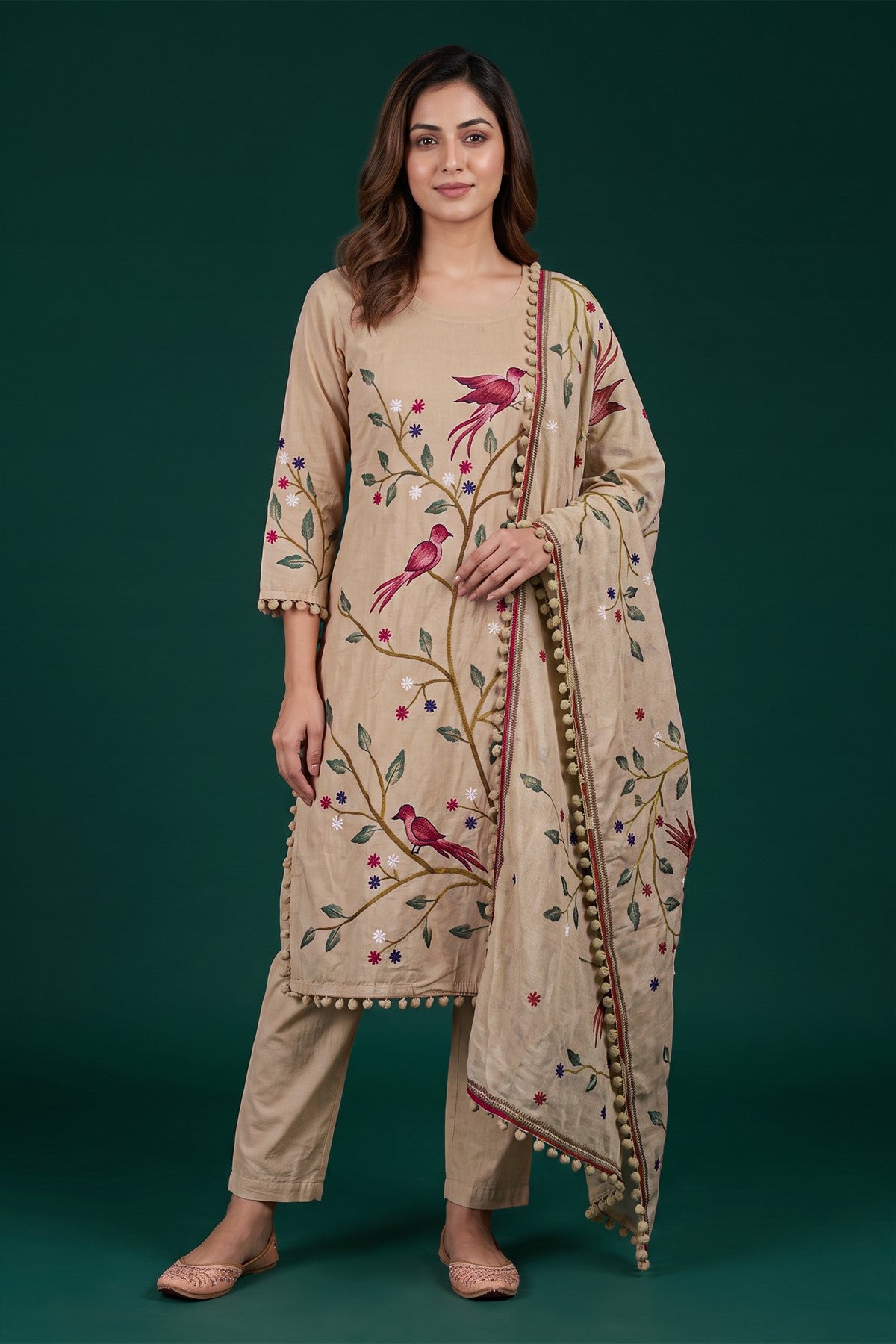 Chanderi Silk Embroidered Beige Kurti Set With Dupatta