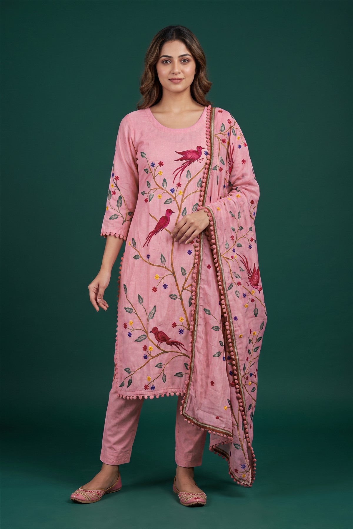 Chanderi Silk Embroidered Peach Kurti Set With Dupatta
