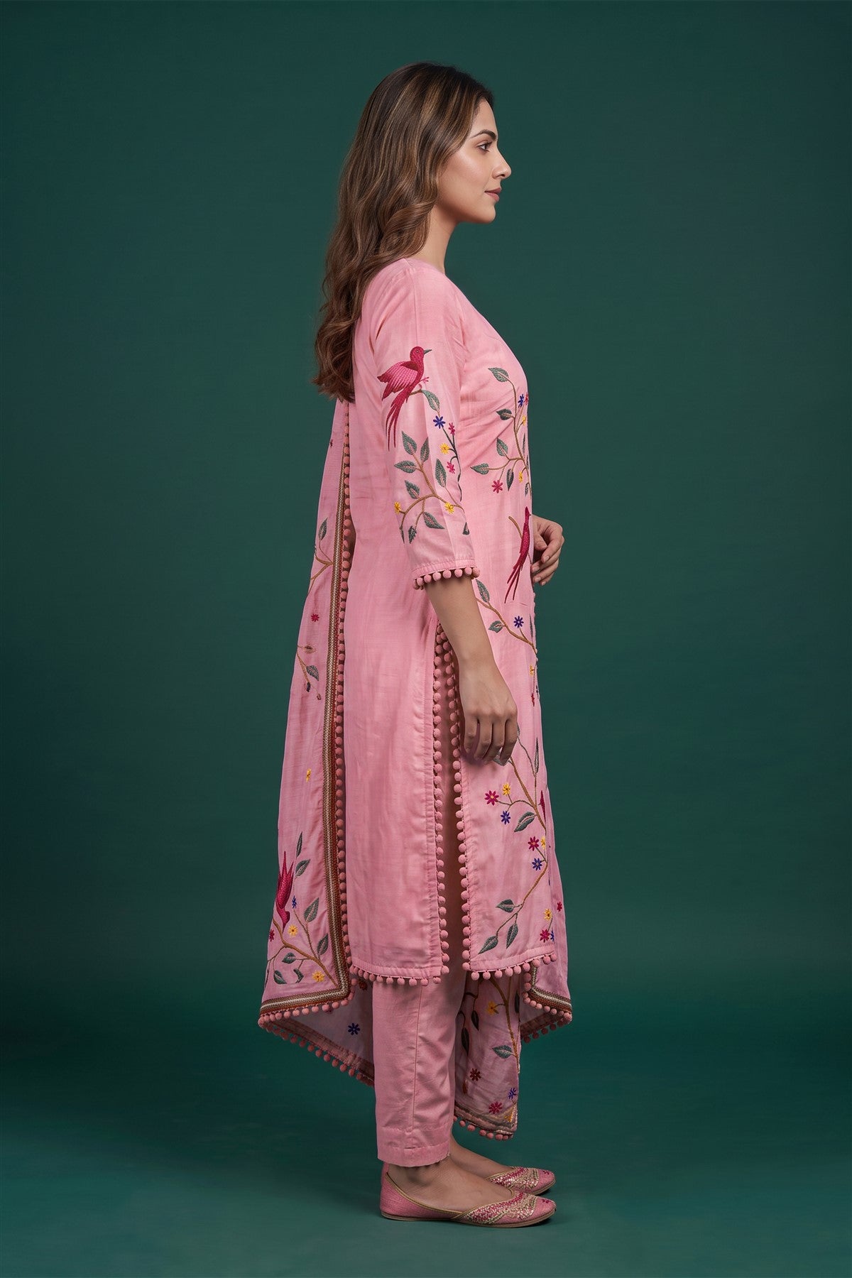 Chanderi Silk Embroidered Peach Kurti Set With Dupatta