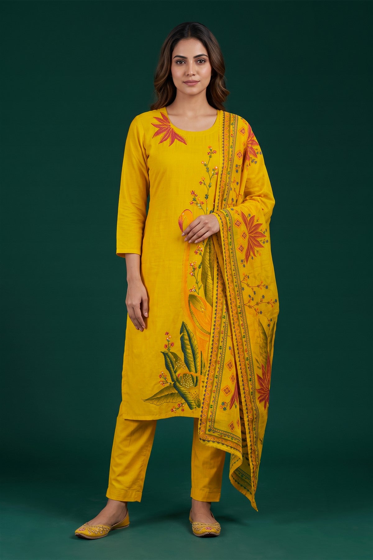 Chanderi Silk Embroidered Yellow Kurti Set With Dupatta