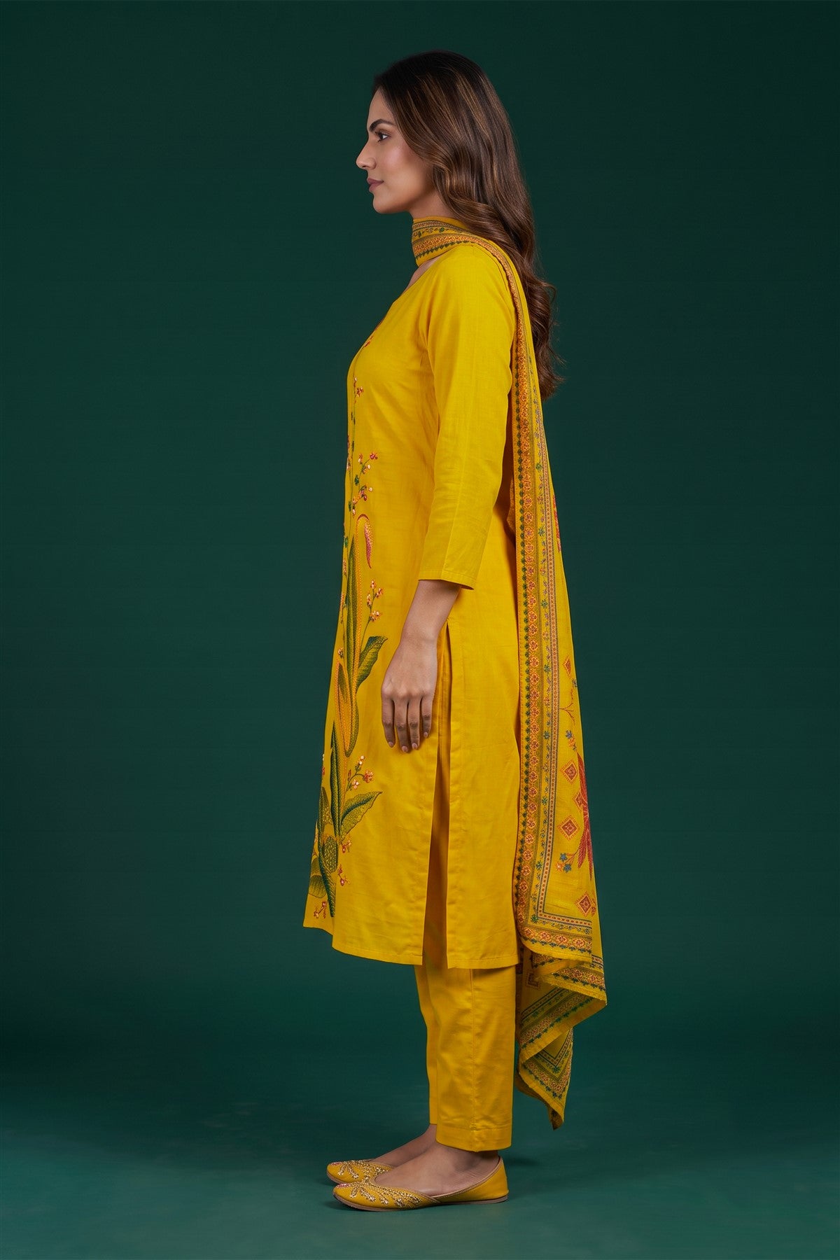 Chanderi Silk Embroidered Yellow Kurti Set With Dupatta