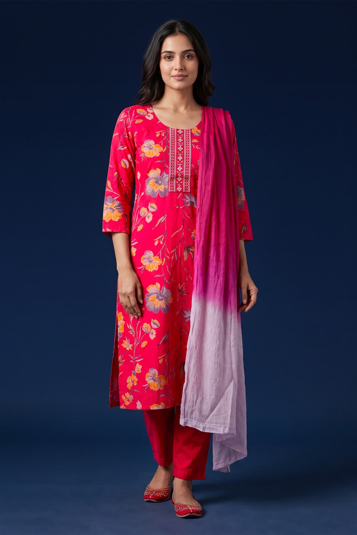 Rayon Printed Pink Kurti Set With Dupatta