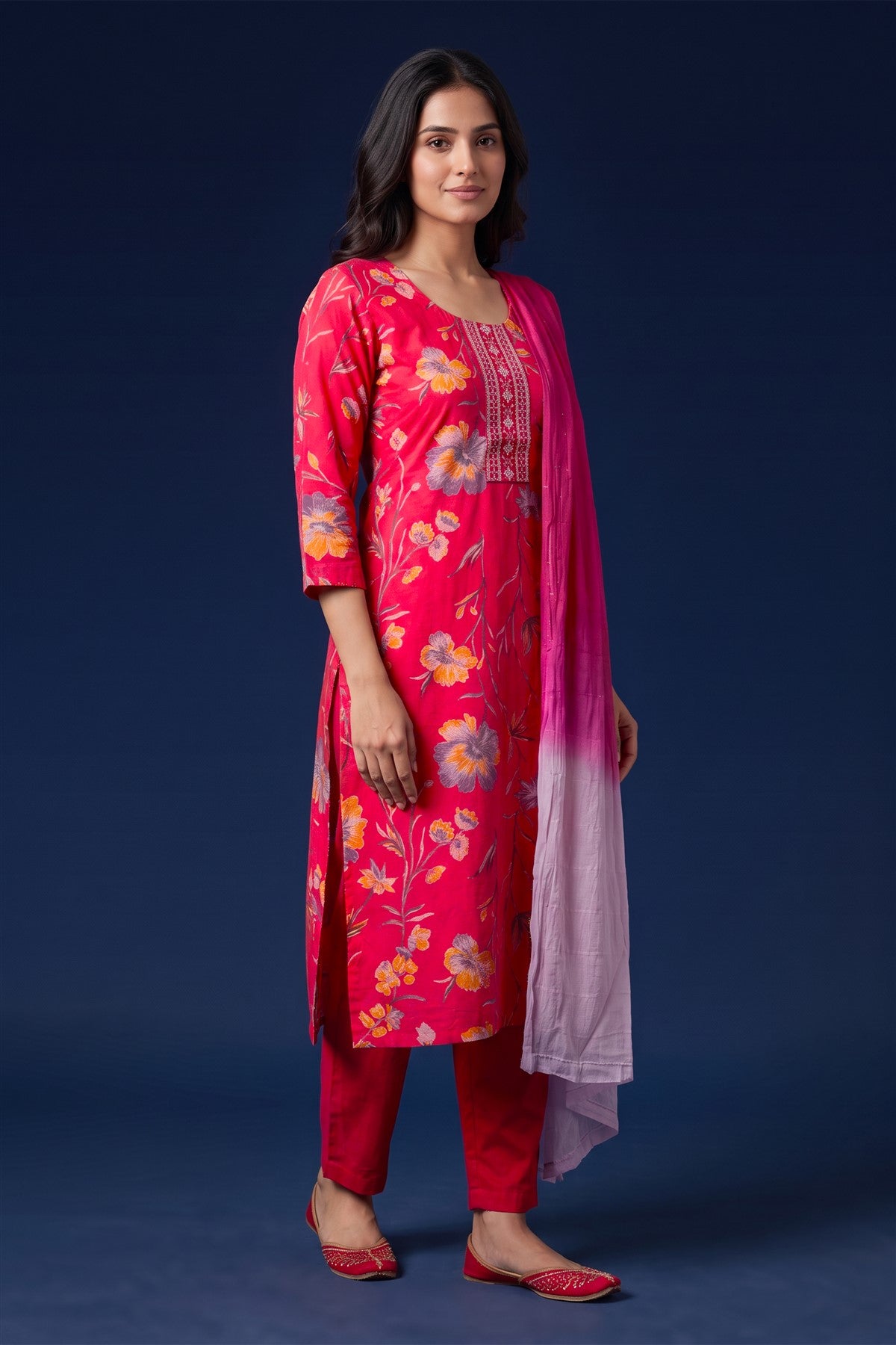Rayon Printed Pink Kurti Set With Dupatta