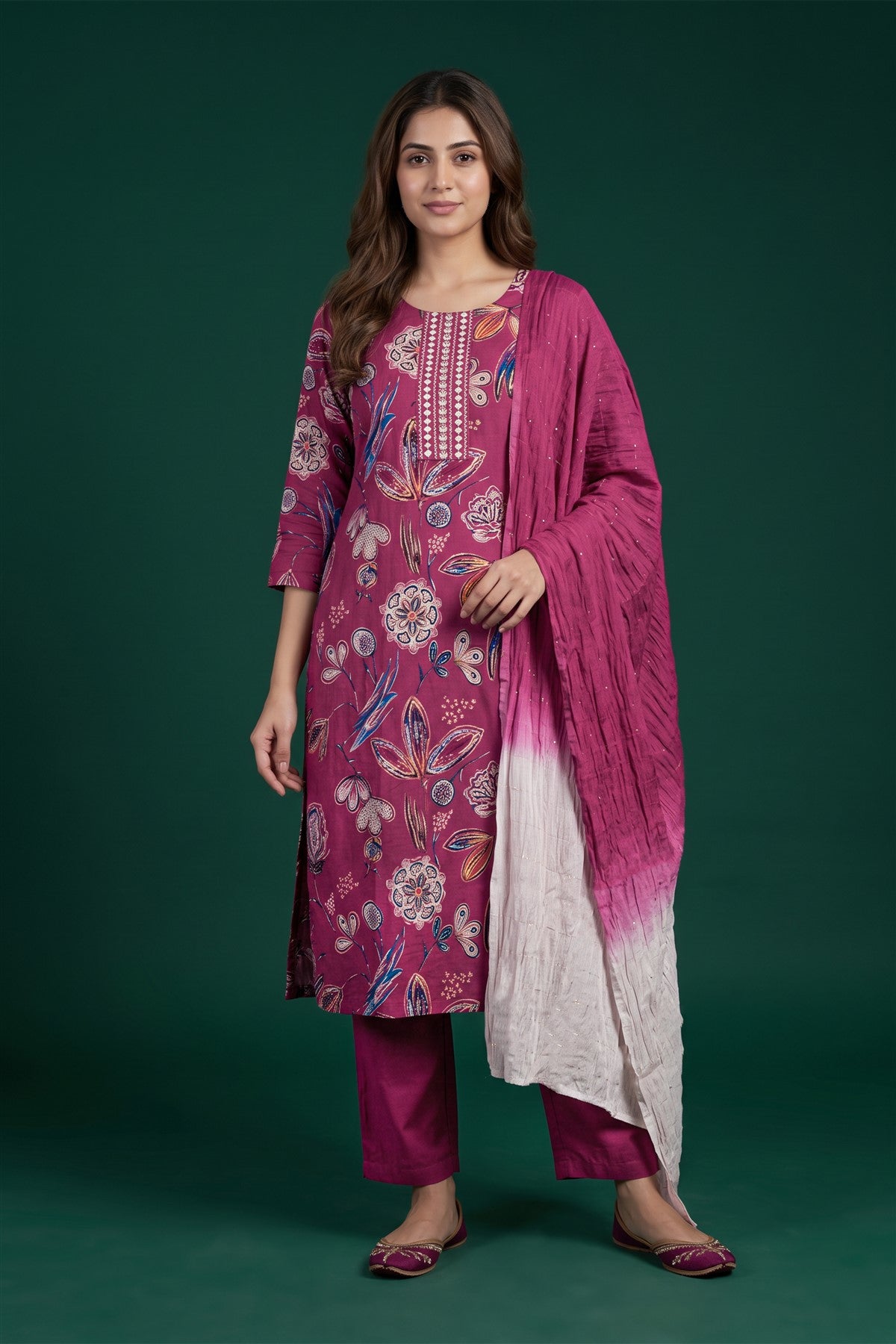 Rayon Printed Dusty Pink Kurti Set With Dupatta