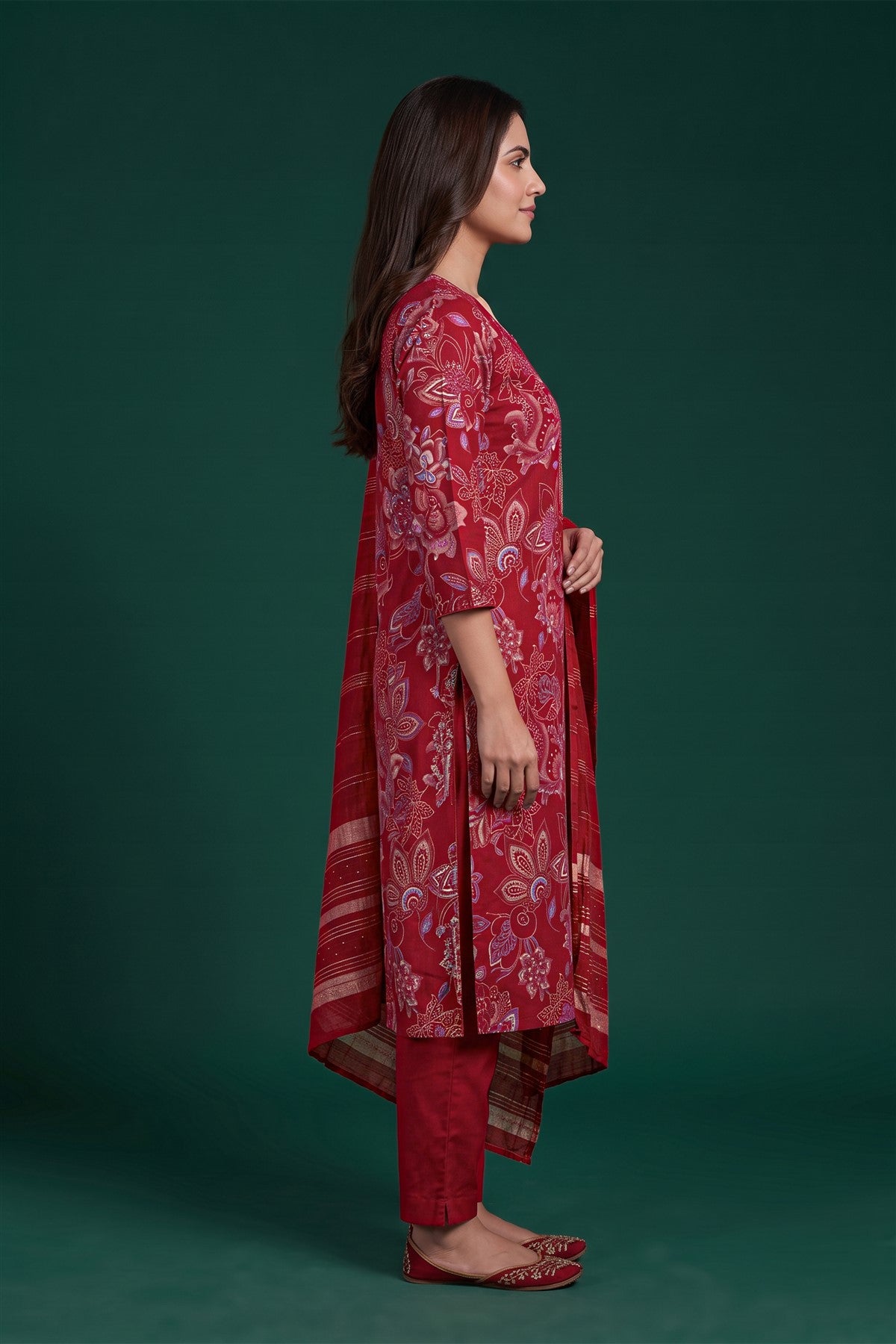 Rayon Printed Red Kurti Set With Dupatta