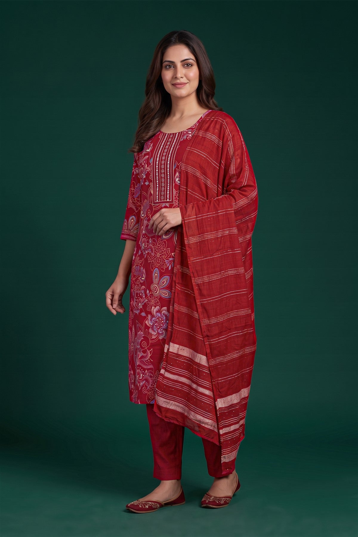 Rayon Printed Red Kurti Set With Dupatta