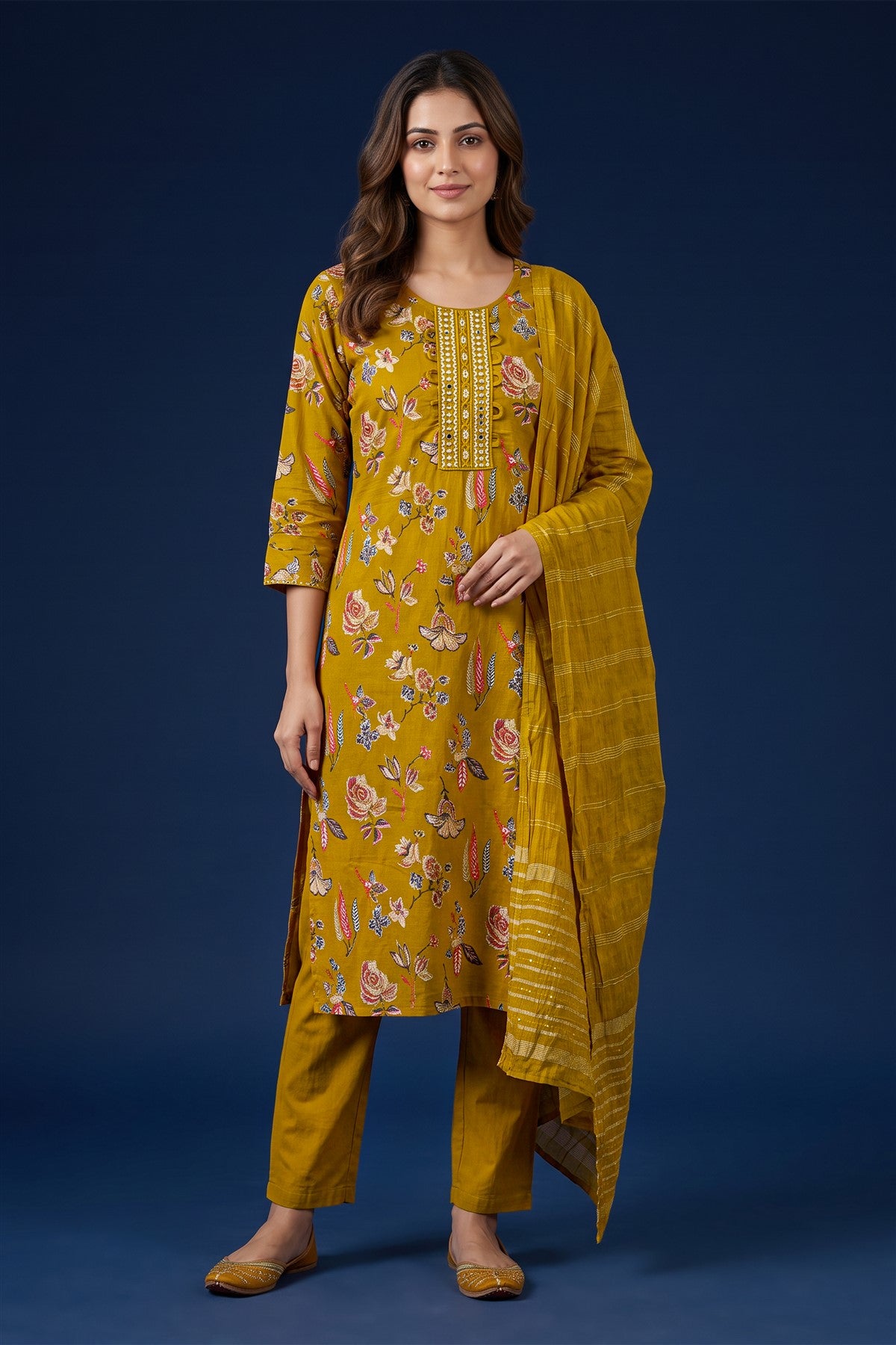 Rayon Printed Mustard Kurti Set With Dupatta